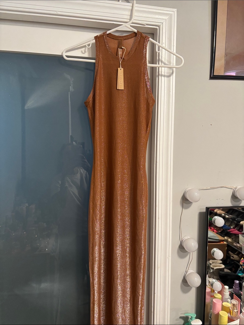 SKIMS Shimmering Copper-Tone Sleeveless Maxi Dress